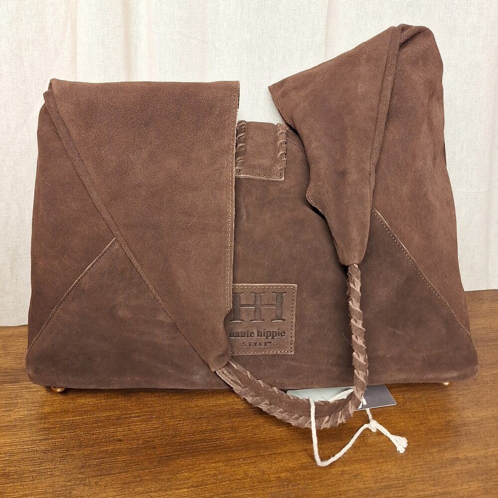 Haute Hippie NEW Triangle suede hobo shoulder bag brown100% leather NWT bohemian - Picture 3 of 9
